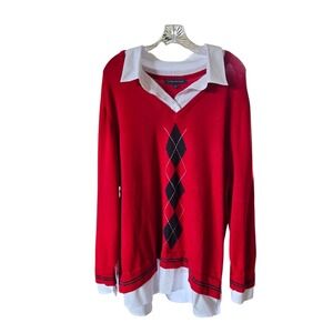 Tommy Hilfiger Red Argyle Layered Collar Sweater 3X Plus Size‎